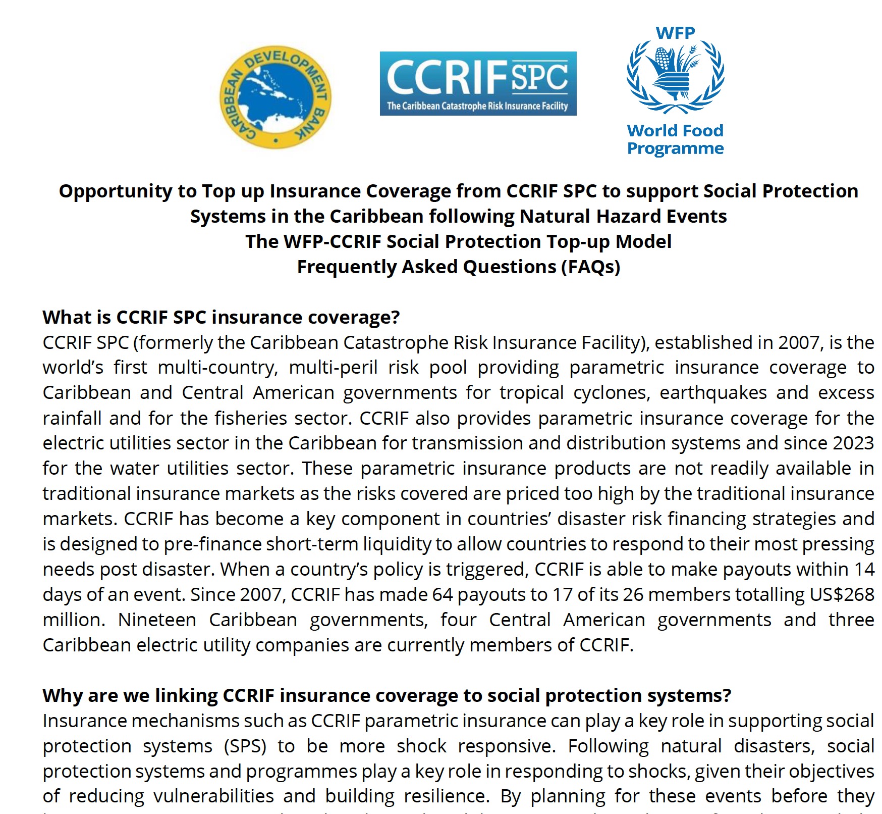 Frequently Asked Questions (FAQs) - The WFP-CCRIF Social Protection Top-up Model